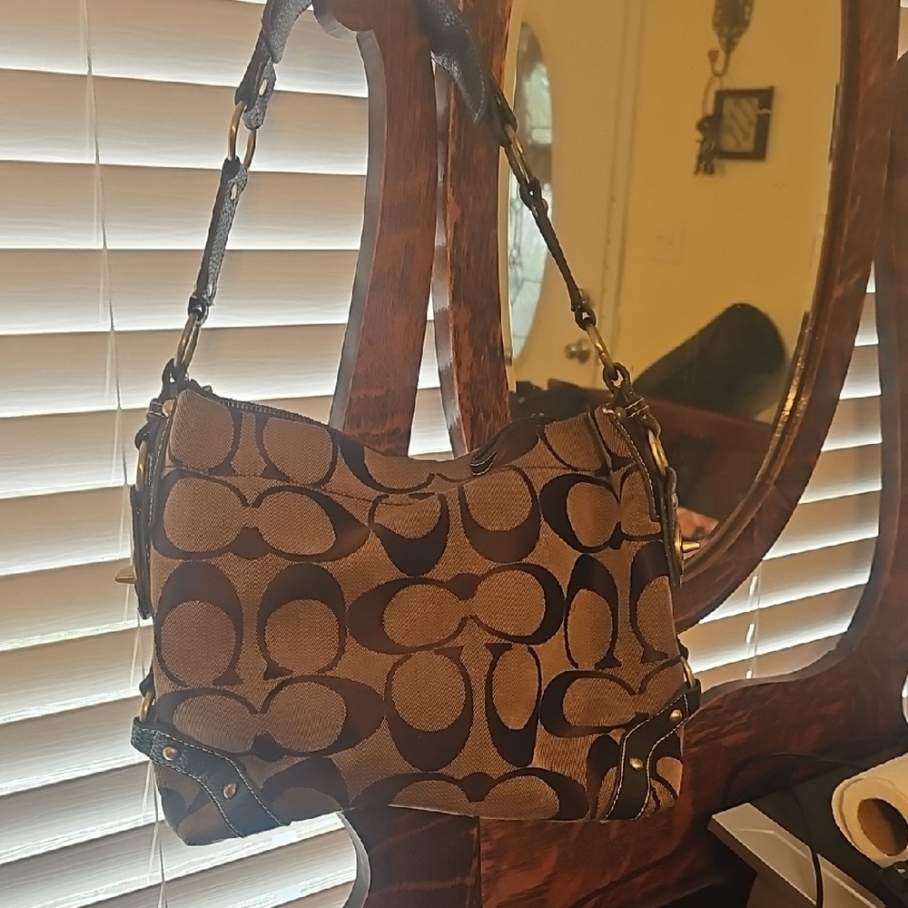 Coach Tan and Black Signature Shoulder Bag